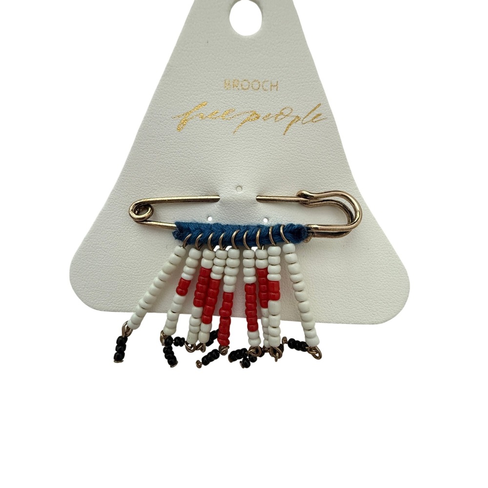 Free People Bead Baby Brooch White Red Blue Beaded Fringe Safety Pin